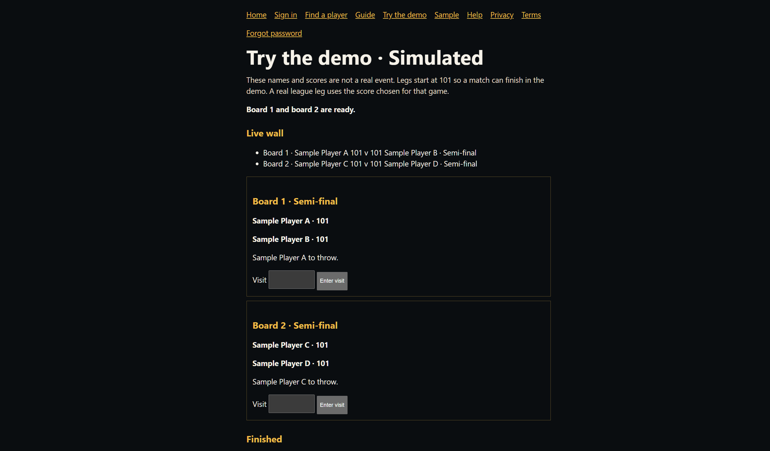Simulated demo with two boards, a live wall and sample players. Not a real event.