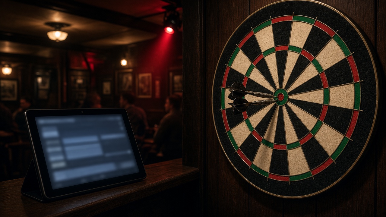 A dartboard and a scoring tablet in a club