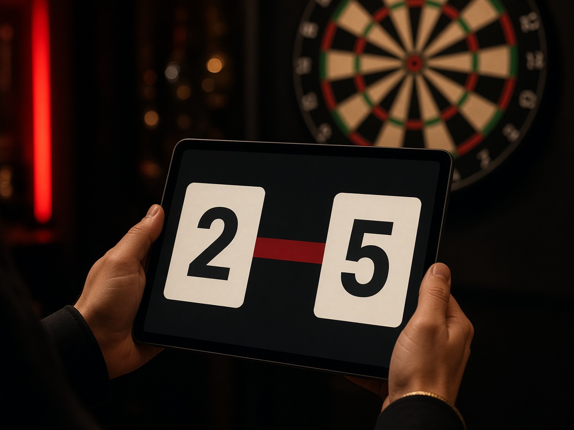 A tablet showing the score beside a dartboard